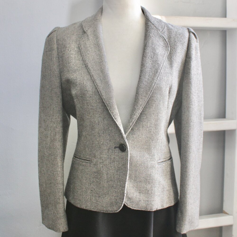 New Traditions Vinatge Gray Tweed Wool Tailored One-Button Blazer Size Small